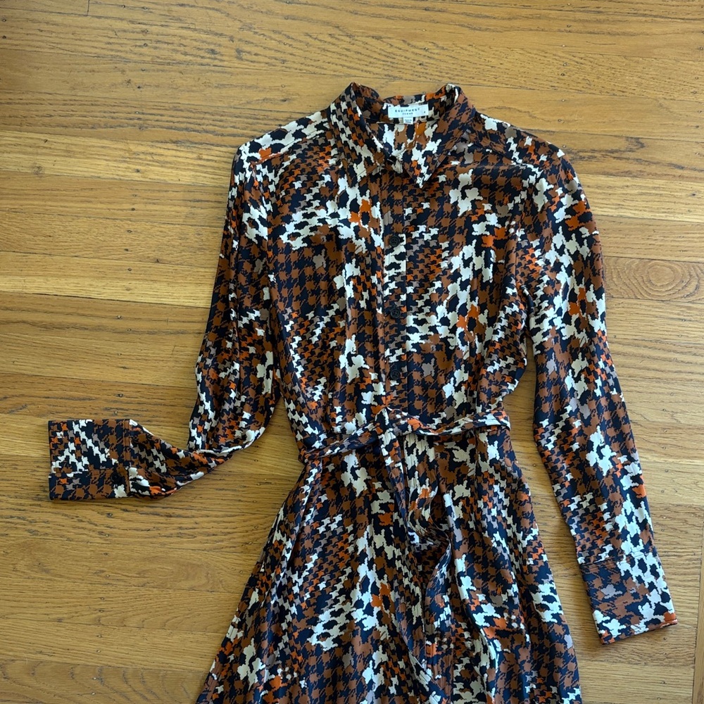 Equipment Silk Long Sleeve Midi Dress in Rust, Black & Cream - Picture 3 of 3